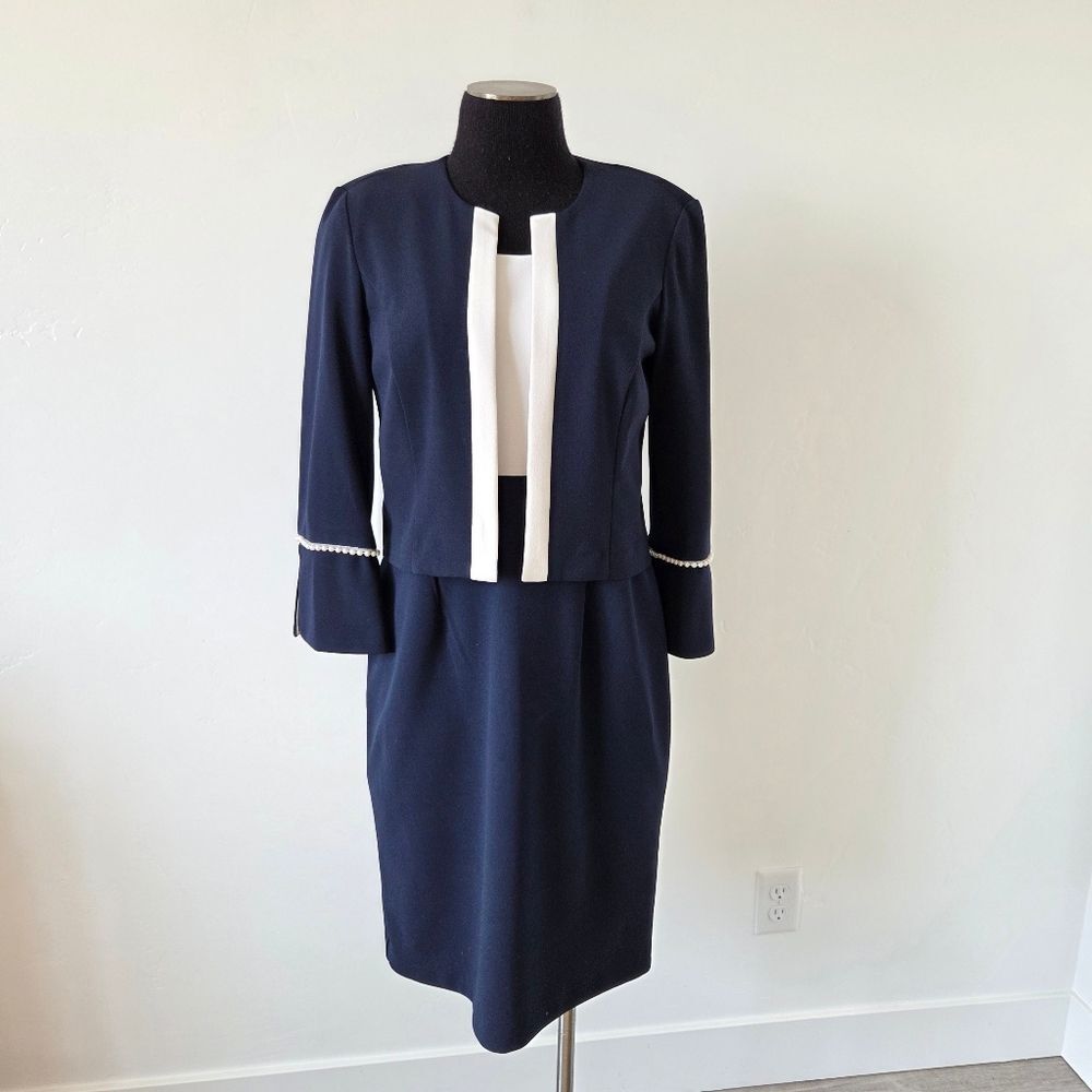Studio One Navy White Jacket Dress Skirt Suit Preppy Old Money Quiet Luxury 6